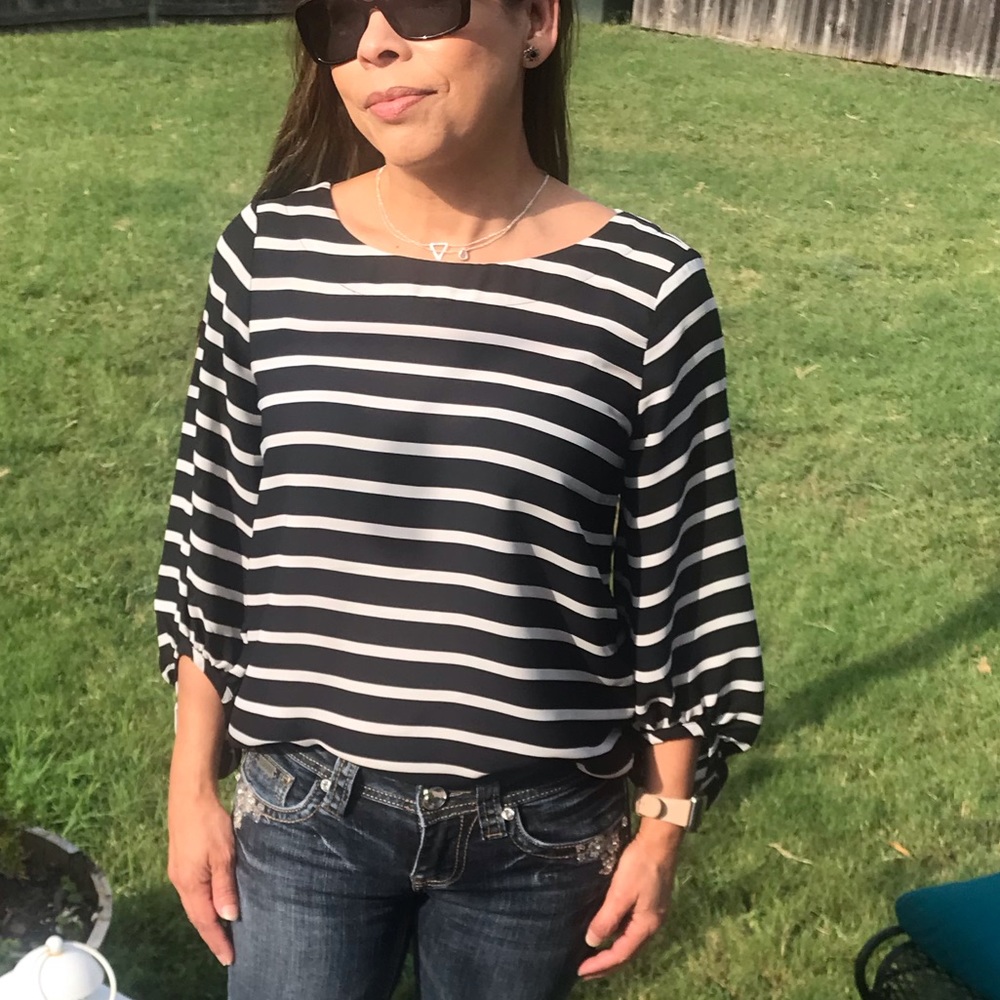 Loft Stripped Long Bell Sleeves Blouse XSP